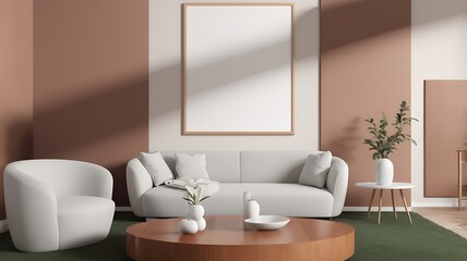 Frame mockup, ISO A paper size. Living room wall poster mockup. Interior mockup with house background. Modern interior design. 3D render
