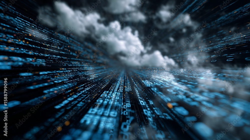Poster digital cloudscape with illuminated blue codes and data streams conveying innovation and technologic