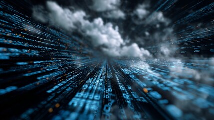 Digital cloudscape with illuminated blue codes and data streams conveying innovation and technological progress on dark background.