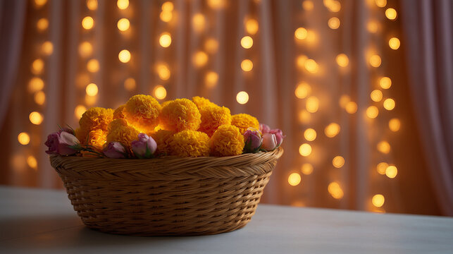Woven wicker basket with glowing led diyas and flowers