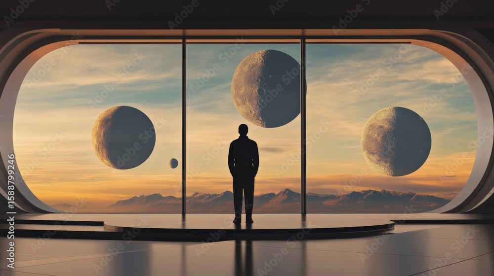 Poster astronaut stands in a futuristic spaceship, gazing at a breathtaking view of multiple planets throug