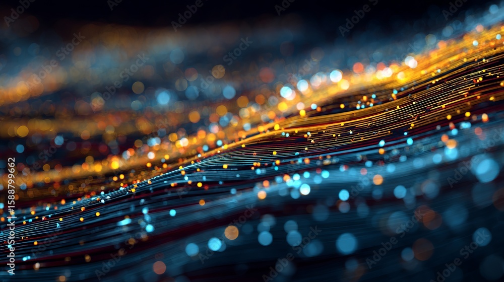 Poster Abstract glowing particle streams with dynamic bokeh creating a sense of movement and ethereal digital art.