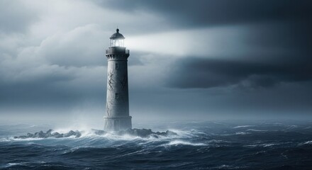Lighthouse Standing Alone on Rocky Coast Under Stormy Sky