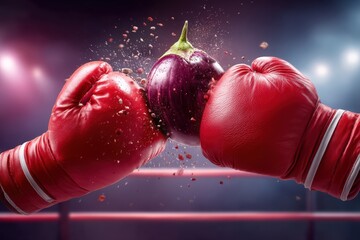 Boxing gloves collide with eggplant in an unusual culinary showdown in a vibrant setting