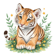 Fototapeta premium Cute tiger cub sitting in grass surrounded by leaves and flowers 