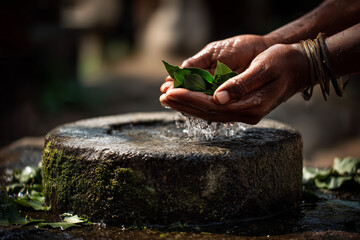 Devotee’s hands offering water and Bilva leaves to Shivling in soft morning light.
