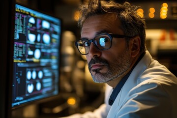 Focused Scientist Analyzing Data on Computer Screen in Laboratory