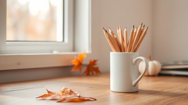 Autumnal Workspace Minimalist White Mug Pencils Soft Light

