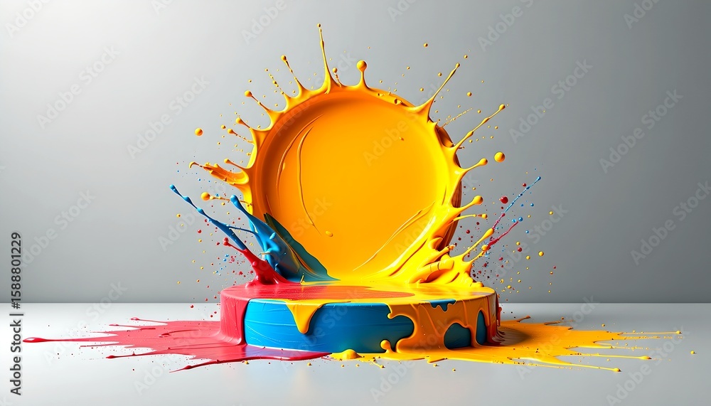 Poster splashes of vibrant paint burst outward from a stage, creating a dynamic display of color and energy