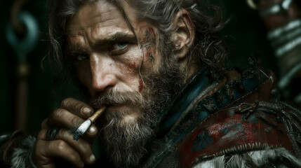 Fototapeta premium Rugged warrior with scars and cigarette, close-up portrait of fierce man in leather armor, battle-worn face, intense green eyes, medieval fighter, cinematic dark style 