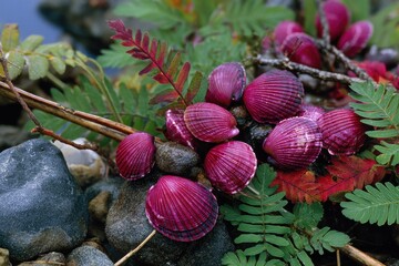Vibrant purple seashells nestled amongst lush green ferns and autumnal foliage on a rocky shore