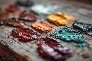 Multiple spots of thick, vibrant oil paint in different colors on a wooden surface.