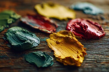 Multiple spots of thick, vibrant oil paint in different colors on a wooden surface.