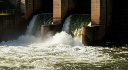 Hydroelectric Dam Water Overflow in Natural Setting