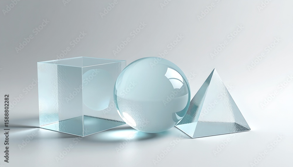 Aufkleber geometric shapes of cube, sphere, and pyramid in glass. the glass shapes sit on a soft surface and h