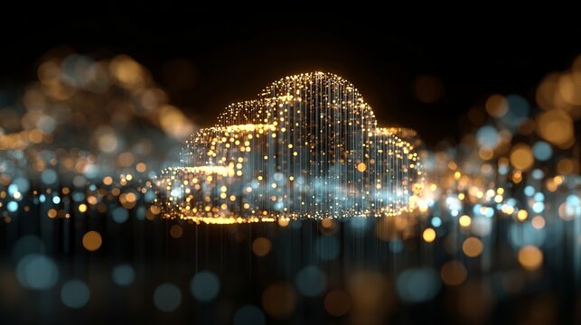 Ethereal cloudscape formed by golden particles, representing digital connection, innovative solutions, and seamless cloud computing in a modern context.