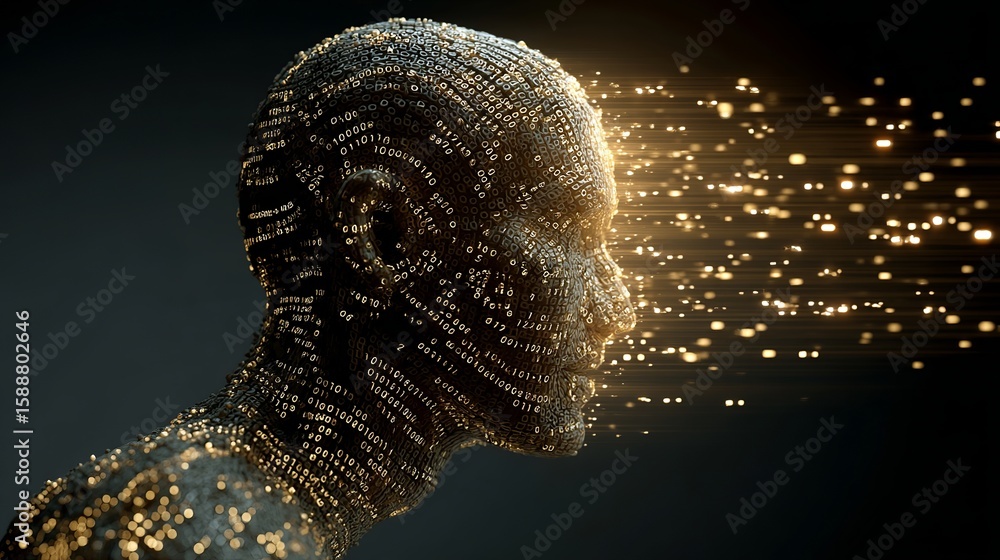 Poster abstract digital human head formed by binary code with luminous particles emerging, artificial intel