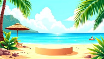 Fototapeta premium tropical beach scene with palm trees, showcasing a product stage on a sandy beach