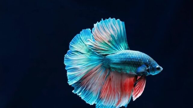 The colorful Siamese Elephant Ear Fighting Fish Betta Splendens, also known as Thai Fighting Fish or betta, a popular aquarium fish in super slow motion on isolated black background