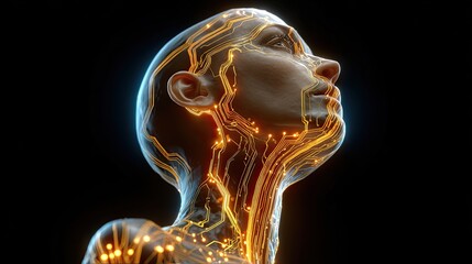 Digital human with technology circuit: a human head covered by technology circuit glowing on the body surface with black background, futuristic tech concept.