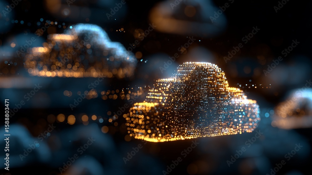 Poster glowing cloud computing network concept with illuminated dots and particles suggesting modern techno