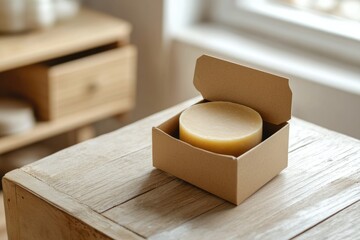 A round, light beige soap sits in a simple cardboard box on a wooden table.