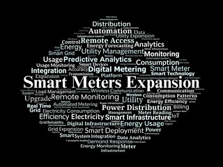 Smart Meters Expansion Word Cloud. Key Insights on Grid, Usage, Monitoring, and Data Tech