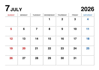 2026年7月のカレンダー日曜始まり