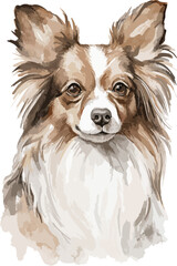 Vector portrait of head brown papillon dog puppy character isolated on white background. Hand drawn illustration sketch