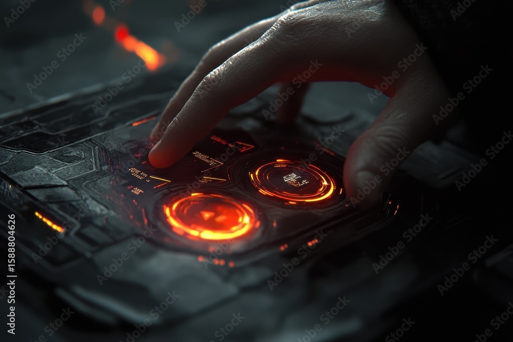 Aufkleber futuristic control interface with glowing buttons and hand gesture