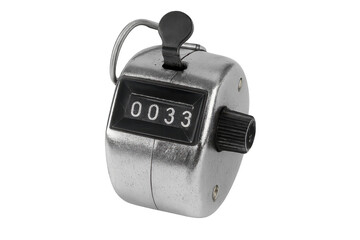 Handheld tally counter showing number thirty three on transparent background