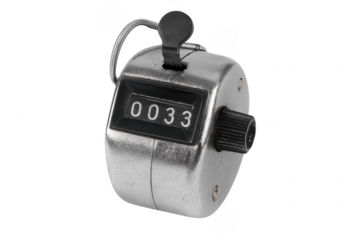 Handheld tally counter showing number thirty three on transparent background