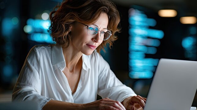 Focused Woman Working on Laptop: A portrait of a concentrated woman wearing glasses, engrossed in her work on a laptop, illuminated by the screen in a dimly lit office setting. 