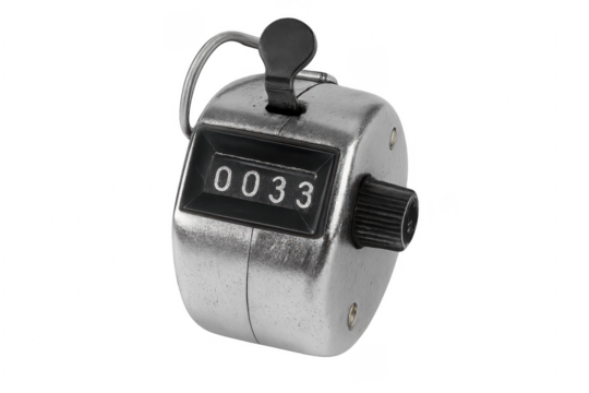 Handheld tally counter showing number thirty three on transparent background