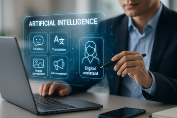 Artificial intelligence digital assistant interface on laptop, chatbot, translation, and image generation technology concept