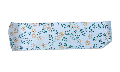 Cute paper tape strip with flower and leaf drawing on transparent background. Ripped washi tape png. Scrapbook decoration.