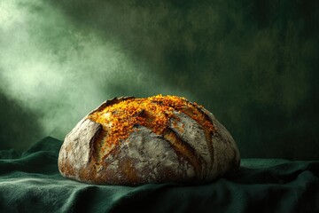 A rustic sourdough bread, sprinkled with seeds, sits on a dark green cloth, steam rising.