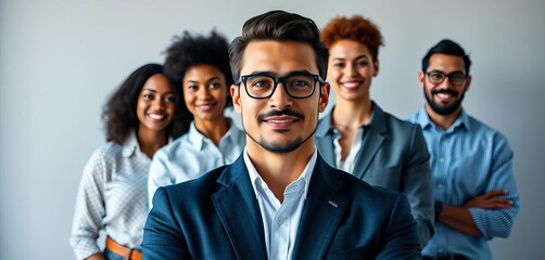 Diverse business team portrait; leader at forefront, colleagues behind,  employees,  dedicated