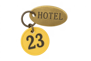 Hotel key and room number tag with transparent background