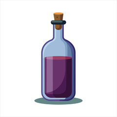 A vintage glass bottle filled with deep purple liquid, sealed with a cork, isolated on a white background