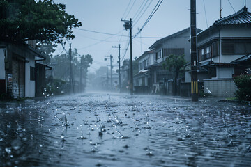 日本の静かな住宅街を包み込む豪雨・梅雨の風景