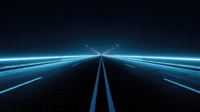 Empty highway at night, glowing blue lines