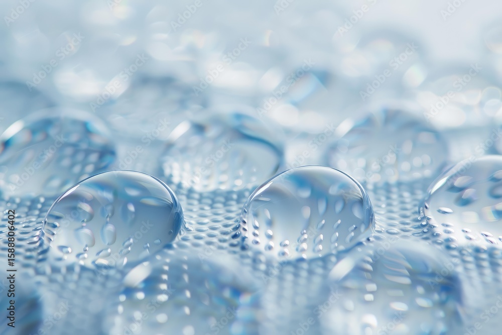 Poster close up of glistening water droplets on a textured surface, creating a mesmerizing visual effect wi