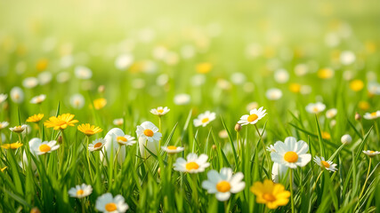 easter field background green grass and flowers render. Generative AI
