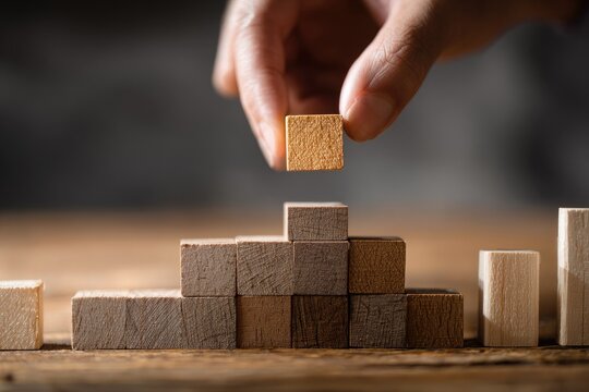 Hand placing wooden block on a growing stack
