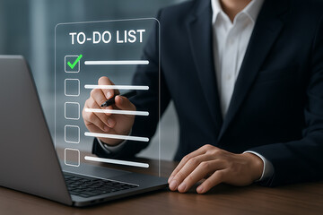 Businessman checking off tasks on a transparent digital to-do list with laptop in modern office environment