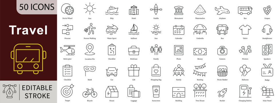 Travel Line Icons Set with Editable Stroke for Tourism, Vacation, Trip, and Journey Planning