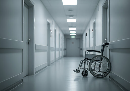 Empty hospital corridor with wheelchair
