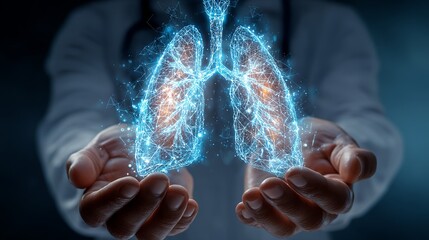 Doctor holds digital lungs, showcasing health, technology, and medical innovation for respiratory research and futuristic care advancements.