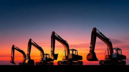 Series of Excavators Silhouetted Against a Vibrant Sunset Sky in an Industrial Landscape